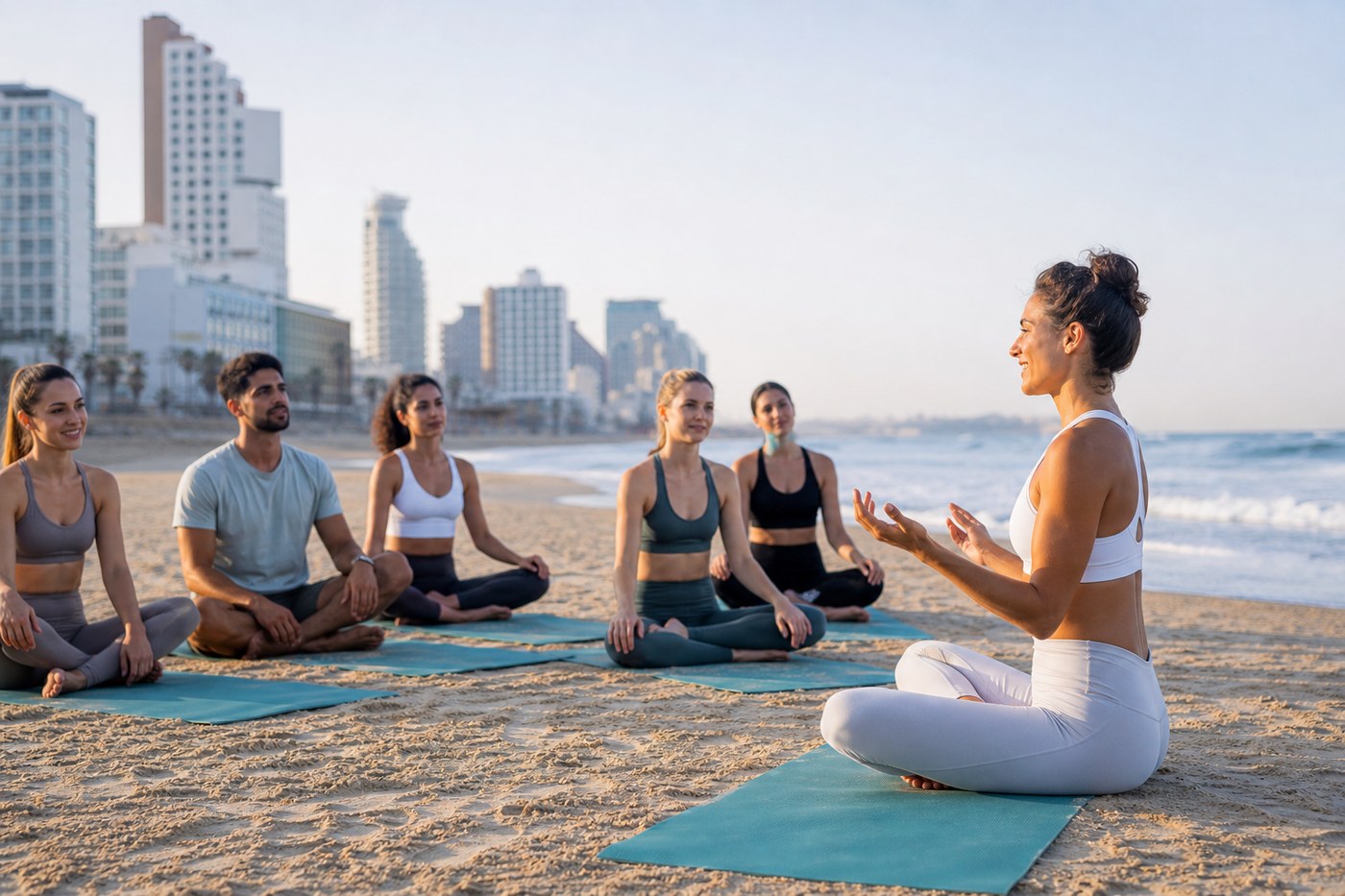 Yoga instructor guiding students on sand mats at Tel Aviv beach