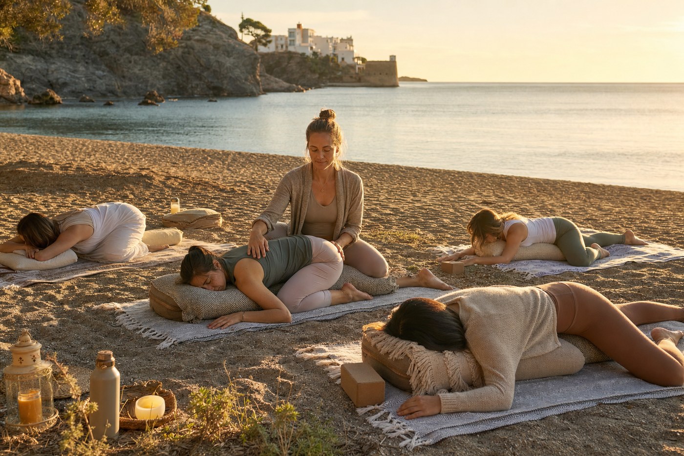Restorative yoga group on blankets at golden hour on the beach